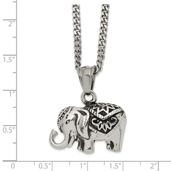 Stainless Steel Antiqued Elephant Necklace Charm Pendant 20" Curb Chain, Unisex - Picture 3 of 3